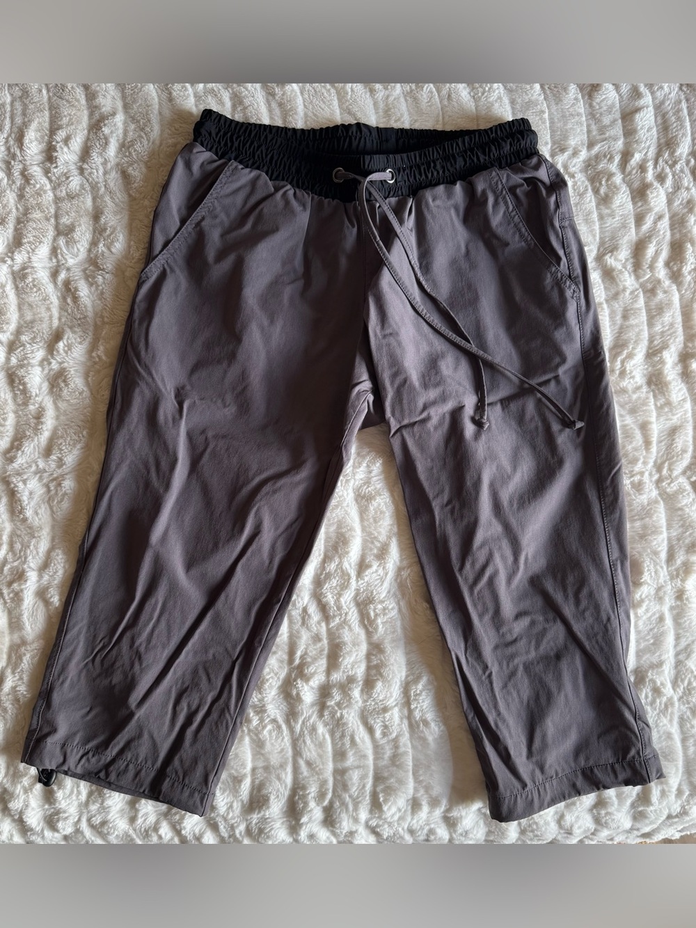 Women's Gray Drawstring Capri Hiking or Climbing Pants with Black Waistband